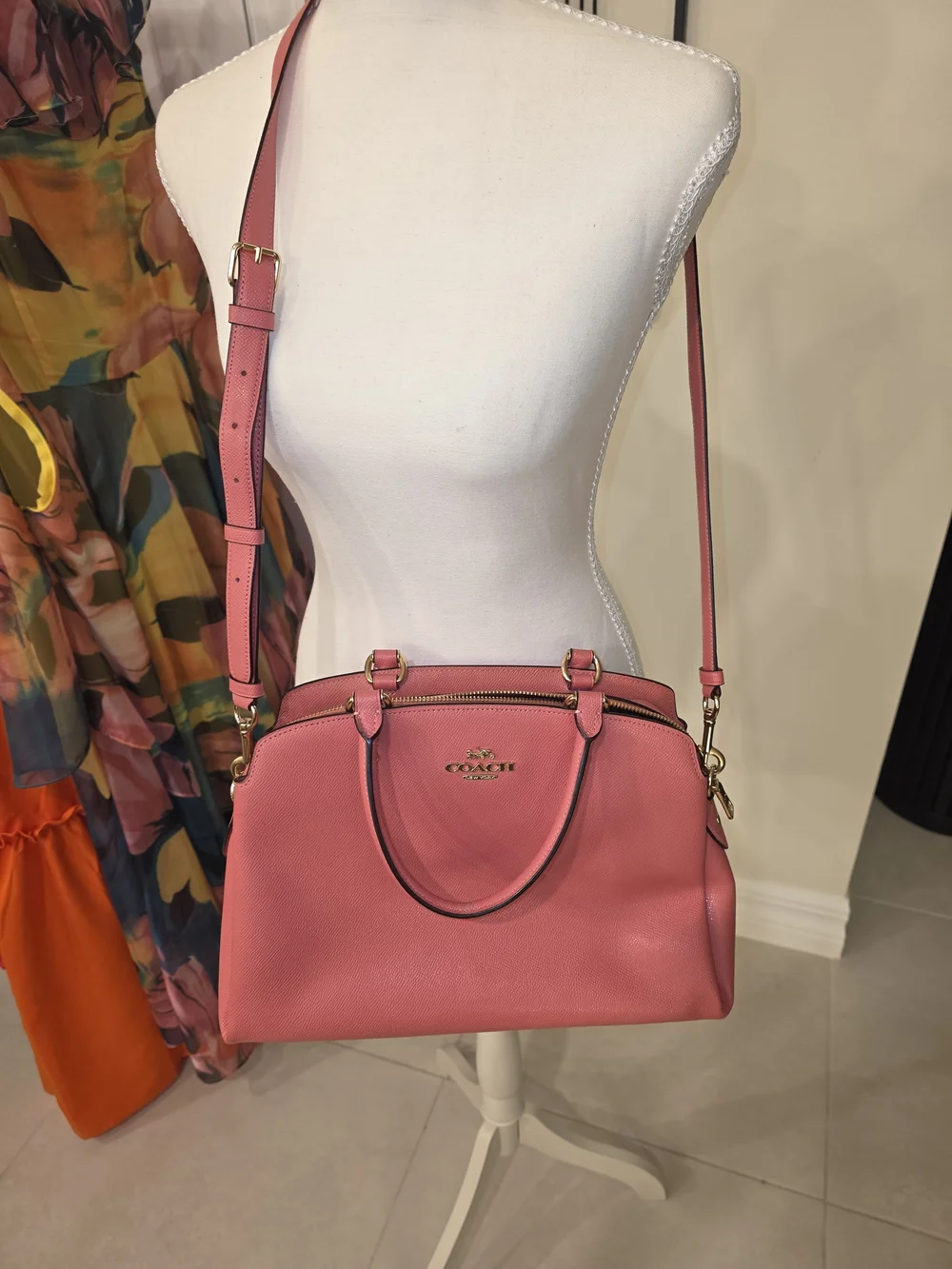 Coach Pink Leather Dome Satchel with Gold Hardware and Adjustable Strap